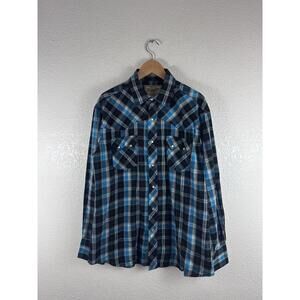Vintage Wrangler Mens Thick Flannel Pearl Snap Size Large Blue Green Plaid